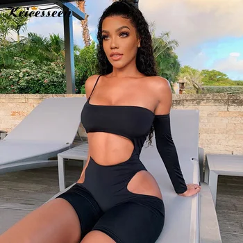 

Kricesseen Sexy Black One Sleeve Skinny Short Jumpsuit Women Stretch Cut Out One Piece Rompers Party Clubwear Playsuit Overalls