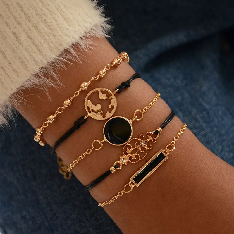 5 Pcs/Set New Fashion Black Bracelets Sets World Map Round Square Geometry Totem Gold Beads Chain Cuff Bracelet Female Jewelry
5 Pcs/Set New Fashion Black Bracelets Sets World Map Round Square Geometry Totem Gold Beads Chain Cuff Bracelet Female Jewelry