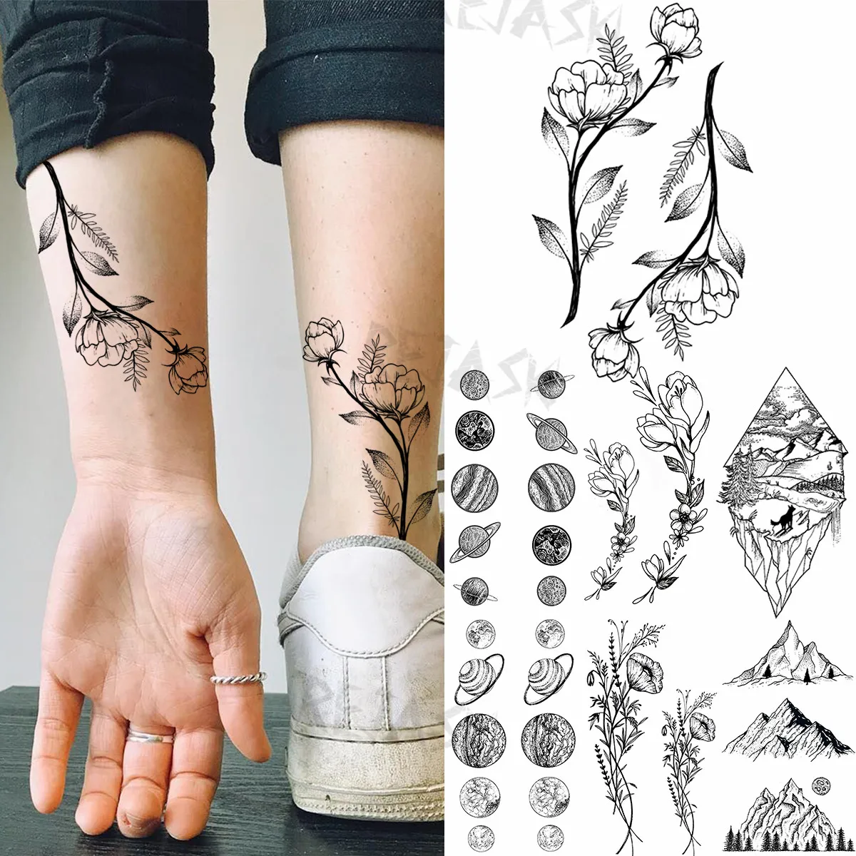 

3D Small Daffodil Bouquet Temporary Tattoos For Women Adult Planet Universe Mountain Fake Tattoo Waterproof Body Art Tatoo Decal