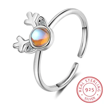

925 Silver Jewelry Ring for Women Antlers Moonstone Wedding and Birthday Gifts Anniversary Opening Adjustable Party