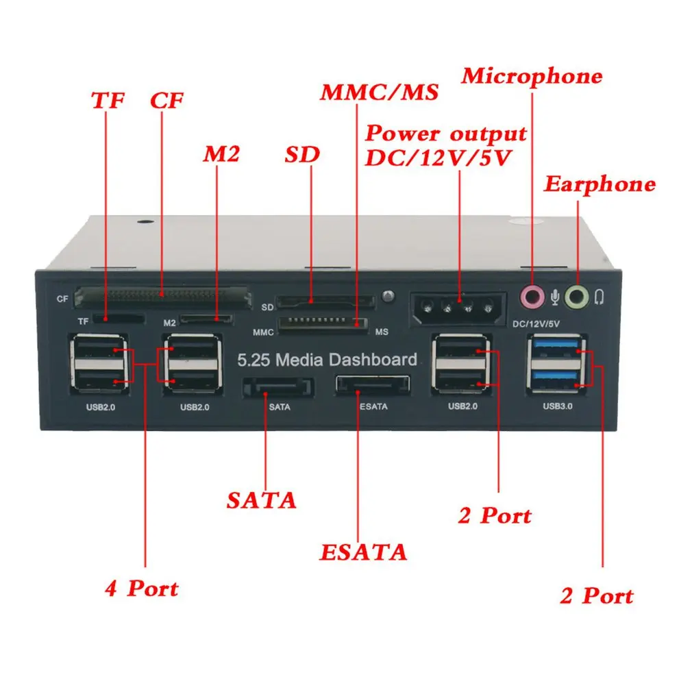 

5.25" Pc Front Panel Dashboard Media Usb 3.0 Hub Audio Esata Sata Card Reader Desktop Optical Drive Multifunctional Panel 525E