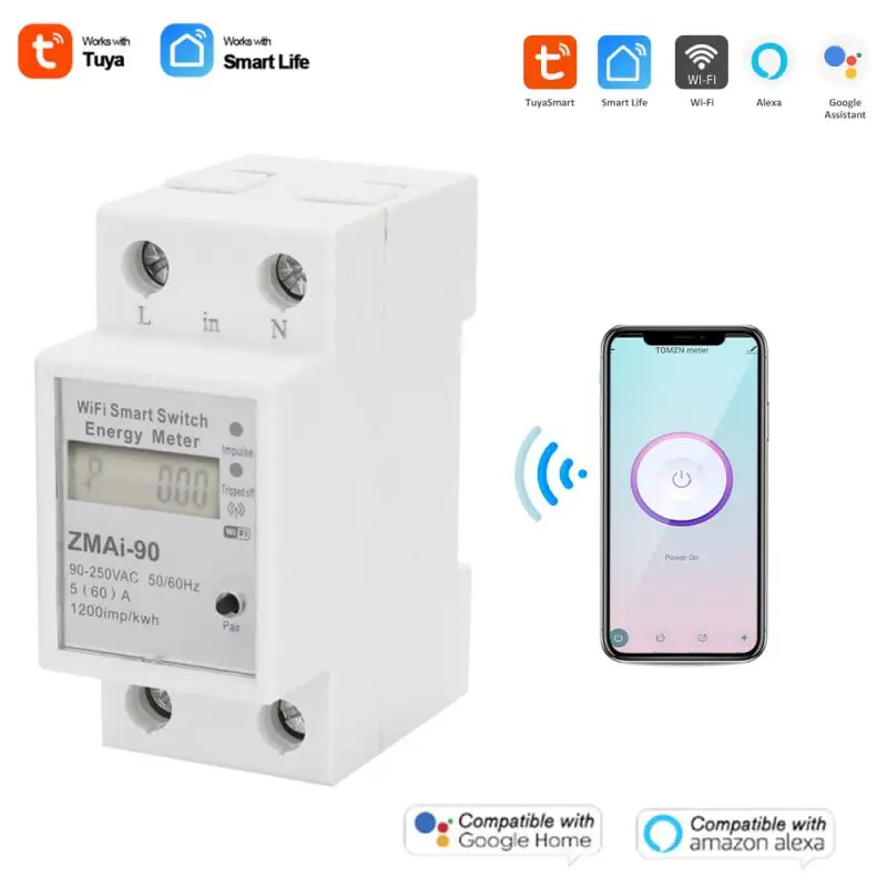 Однофазный измеритель мощности ваттметр на Din-рейку Wi-Fi с поддержкой приложения