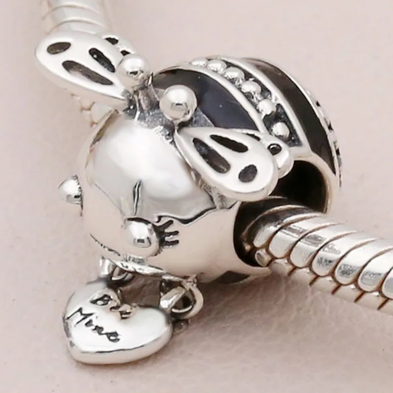 

Original Black Enamel Bee Mine With Love Heart Beads Fit 925 Sterling Silver Animal Charm Bracelet Bangle DIY Jewelry