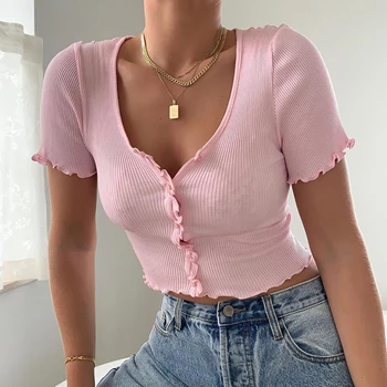 Stretchy Ruffle Sleeve Crop Tops Women 2020 Summer Button Green Blue Tight Rib-Knitted Plain Sexy T-Shirt Solid Colour Tops
Stretchy Ruffle Sleeve Crop Tops Women 2020 Summer Button Green Blue Tight Rib-Knitted Plain Sexy T-Shirt Solid Colour Tops