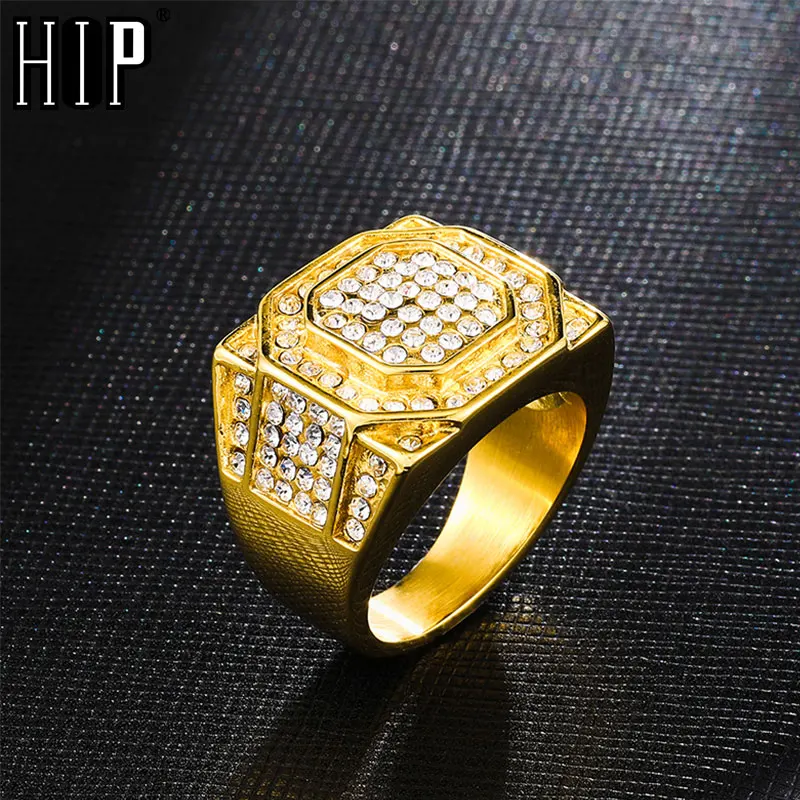 

HIP Hop Micro Pave Rhinestone Iced Out Bling Stainless Steel Hexagonal Ring IP Gold Filled Titanium Rings for Men Jewelry