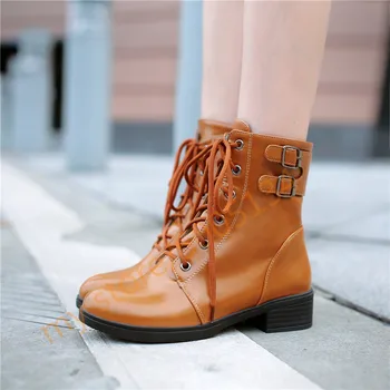 Winter Lace Up Block Heel Shoes Brown Black Buckle Strap Military Combat Boots for Women Ladies Ankle Motorcycle Boots
Winter Lace Up Block Heel Shoes Brown Black Buckle Strap Military Combat Boots for Women Ladies Ankle Motorcycle Boots