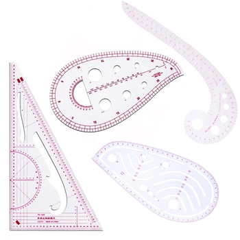 4Pcs Sewing Ruler Set Pattern Design Metric Ruler French Curve Pattern Grading Drawing Rules Paddle Whee Tailor Measuring Kit