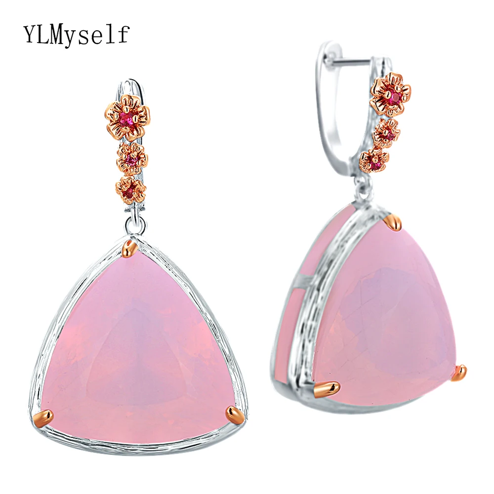 

Big Triangle Dangle Earrings Rose 2 tone Plated Jewellery With Large Triangle Pink Opal Stone Jewelry For Women