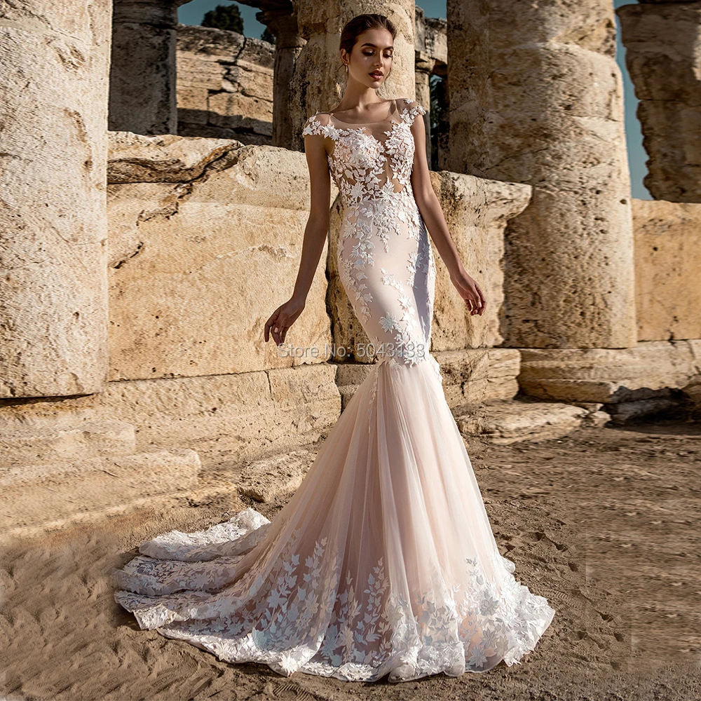 Luxury Pearl Pink Mermaid Wedding Dresses 2021 Tempting Lace Applique Scoop Neckline Cap Sleeves Bridal Gown Sweep Train | Свадьбы и