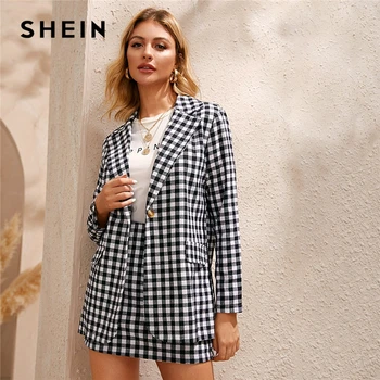 

SHEIN Black And White Gingham Print Single Button Front Blazer And Skirt Preppy Set Women Autumn Long Sleeve Casual Outfits