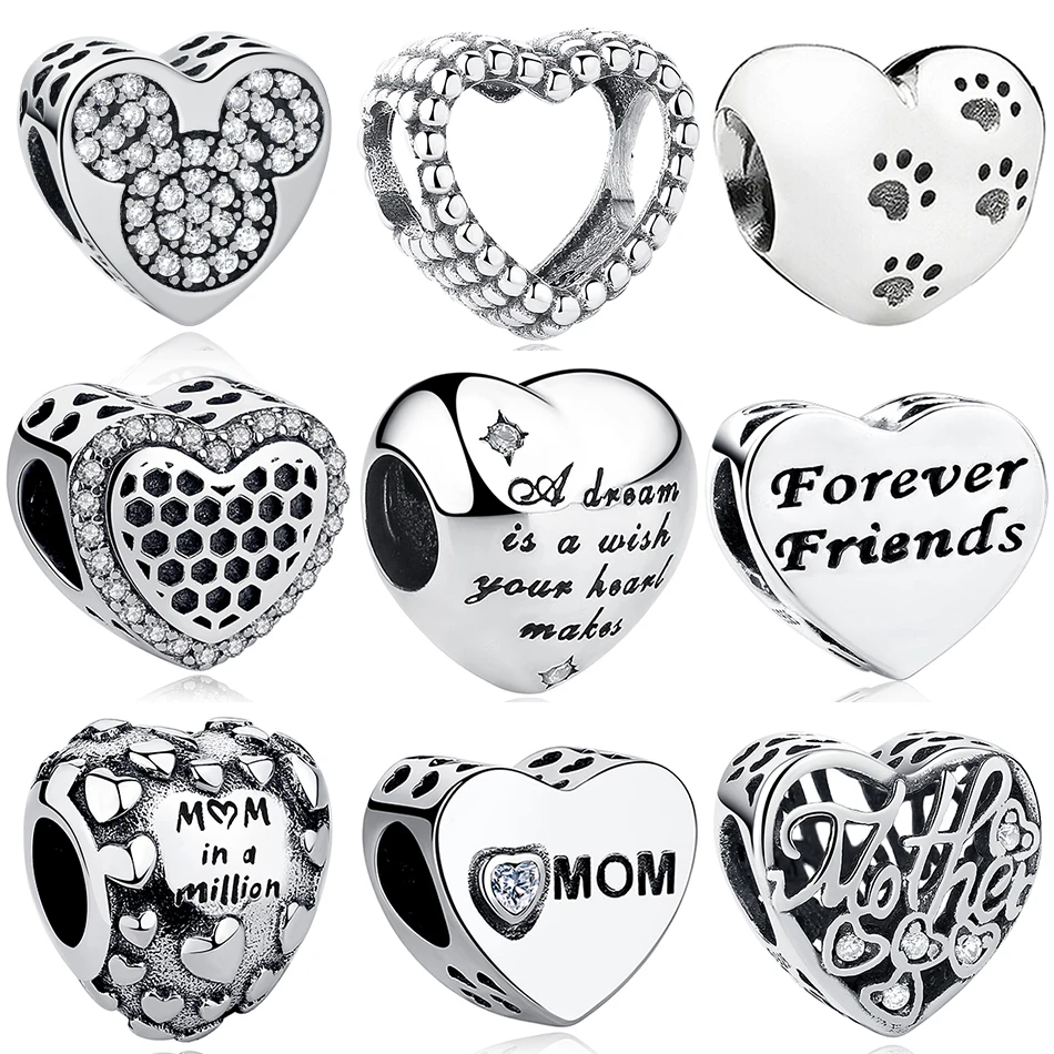 Браслет из серебра 925 пробы с сердечком надписью Love Mom Forever Friends фианитами Подходит
