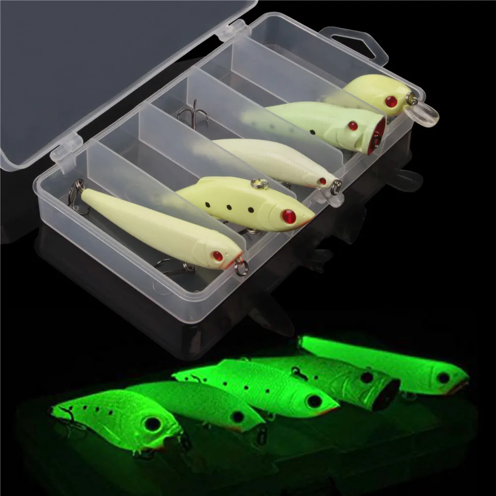 5pcs/box Noctilucent Fishing Lure Kit Luminous VIB Popper Crankbait Minnow Pencil Hard Bait for lure fishing tackle
5pcs/box Noctilucent Fishing Lure Kit Luminous VIB Popper Crankbait Minnow Pencil Hard Bait for lure fishing tackle