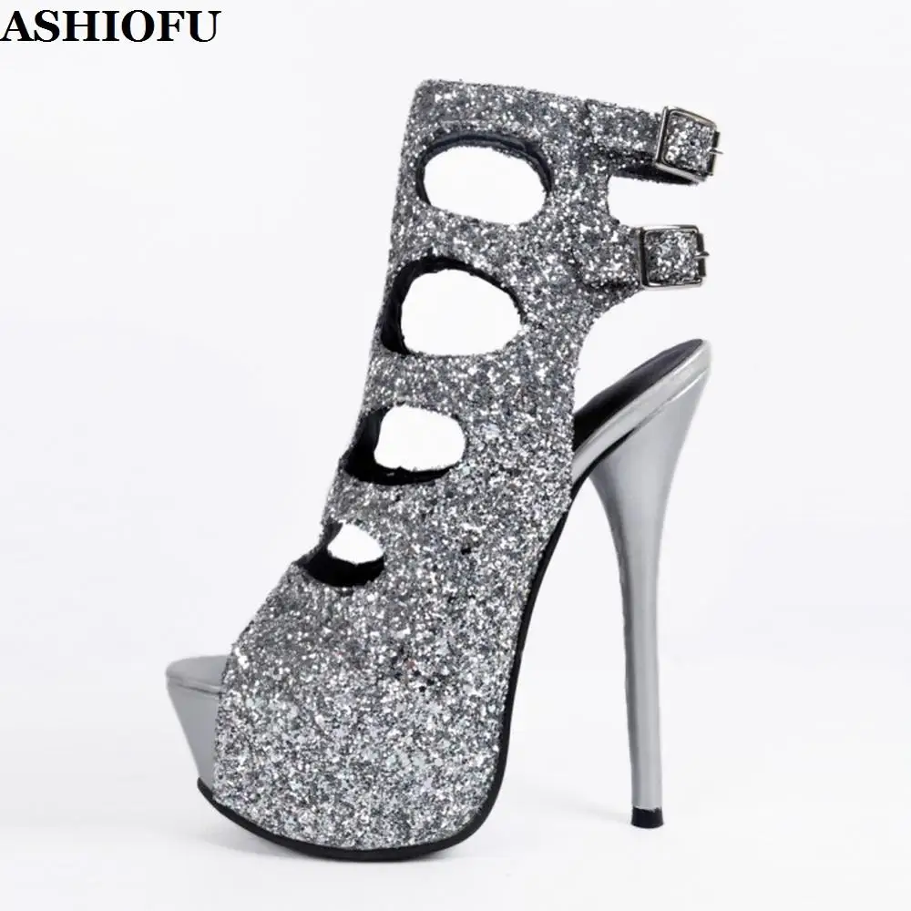 

ASHIOFU Handmade Ladies High Heel Sandals Glitter Leather Buckle Strap Peep-toe Party Prom Shoes Platform Sexy Evening Sandals