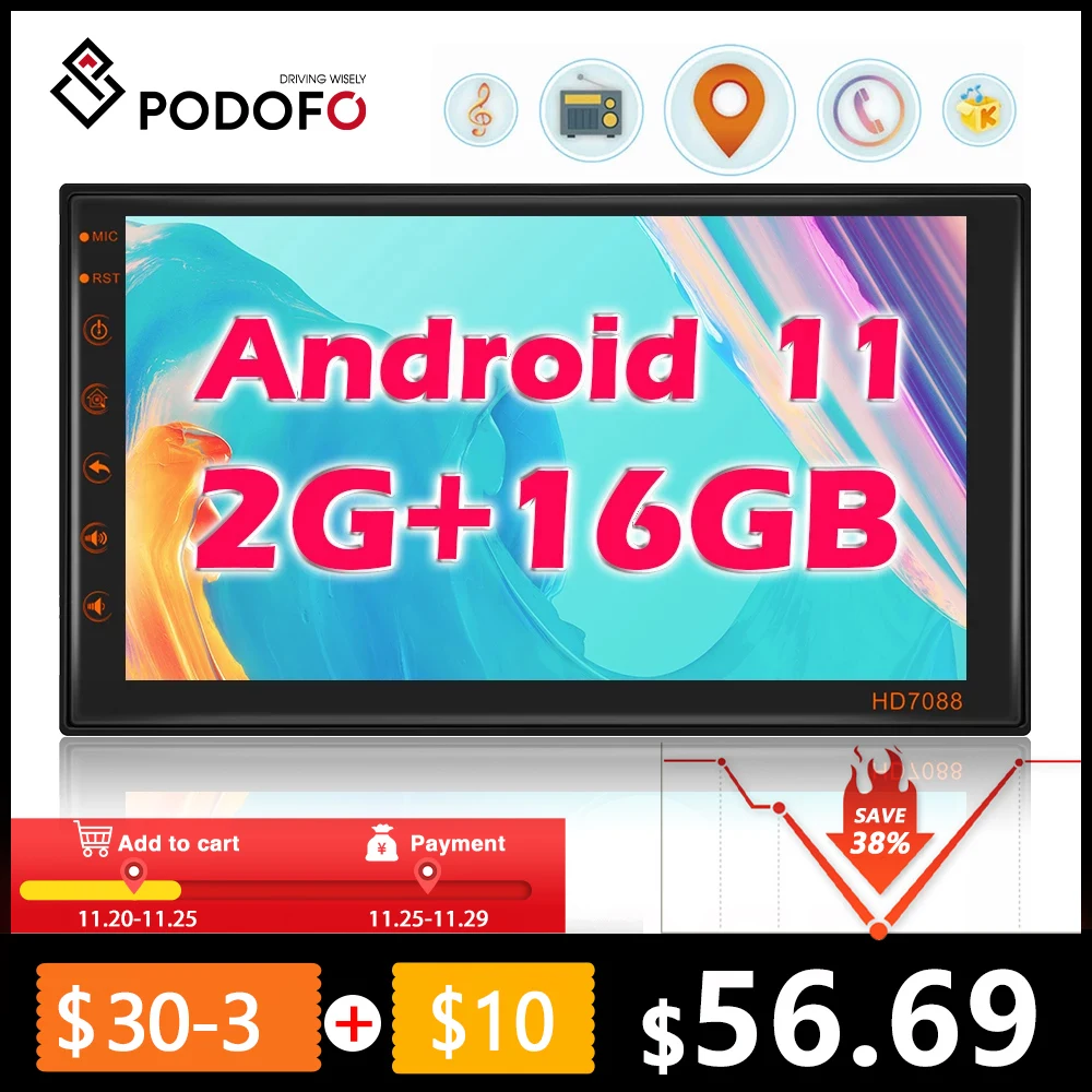 Автомагнитола Podofo 2 Din Android 11 мультимедийный видеоплеер ГБ 16 7-дюймовый