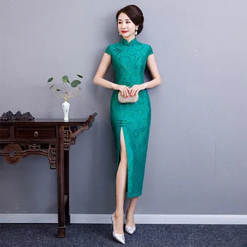 

Charming Retro Women Lace Short Sleeve Audrey Cheongsam Chinese Traditional Wedding Dress High-slit Long Qipao Plus Size M-4XL