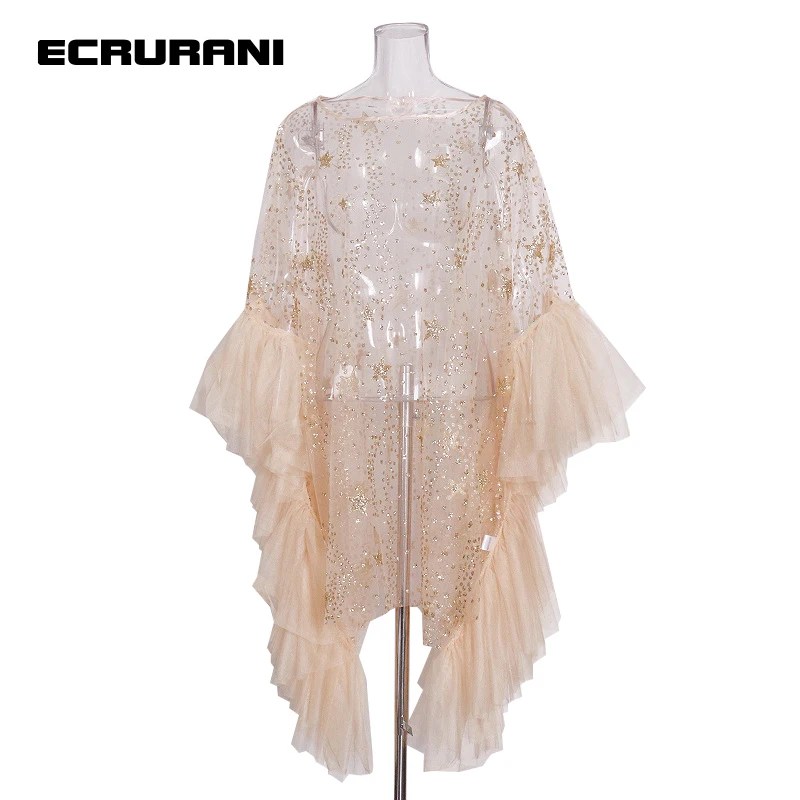 

ECRURANI Patchwork Mesh Elegant Dress For Women O Neck Flare Long Sleeve Hit Color Casual Dresses Females 2022 Fashion New Style