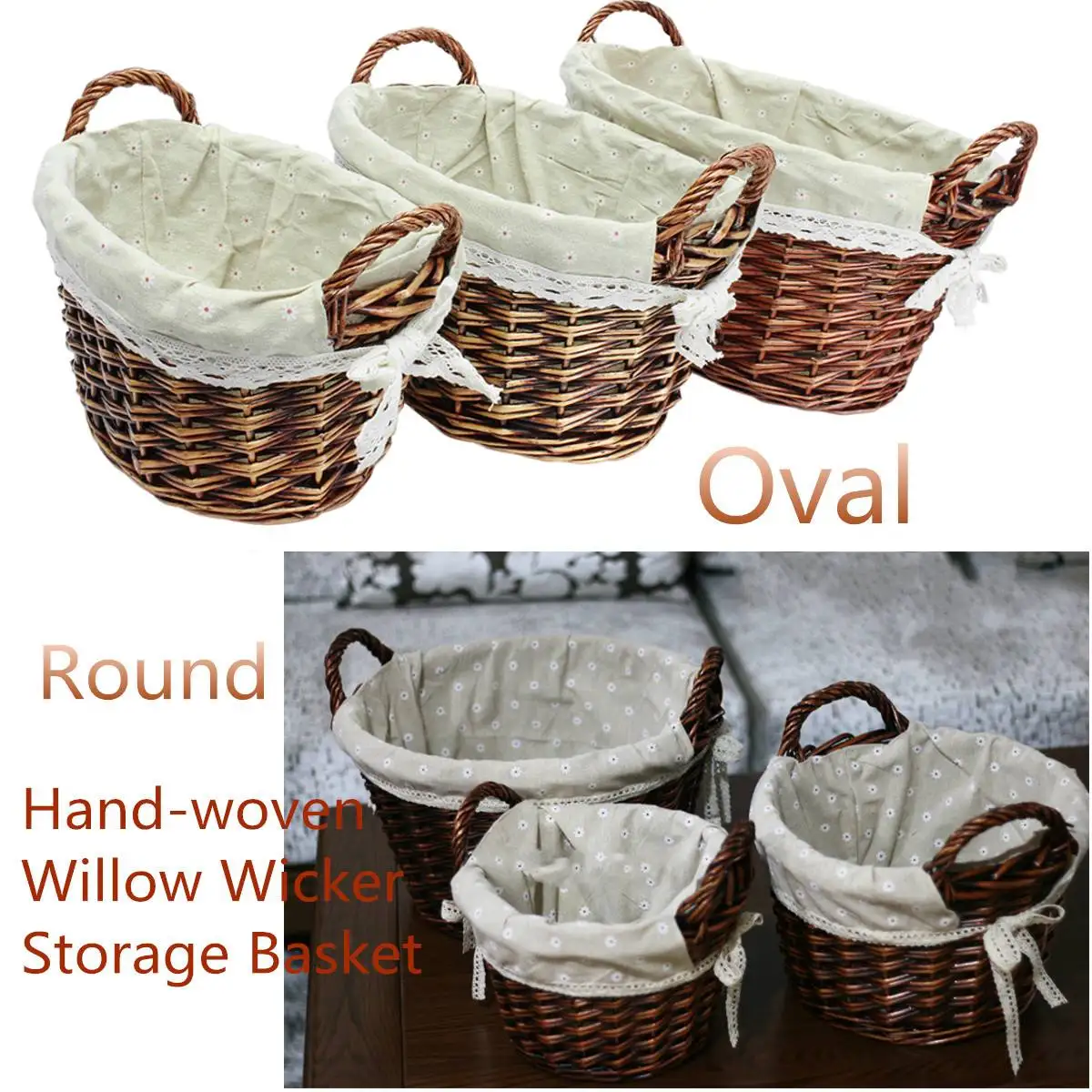 3pcs storage baskets hand-woven willow wicker polyester liner