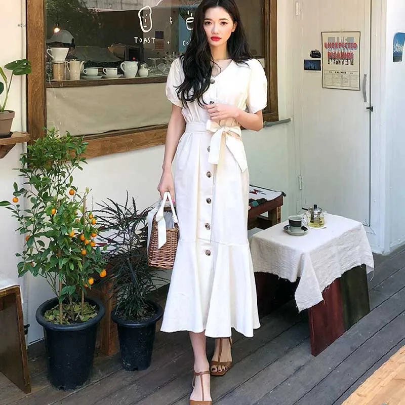 Women Dresses 2020 New Summer Vintage High Waist V-Neck Casual Dress Lady Single Breasted Lace Up Bow Puff Sleeve Dress Vestidos
Women Dresses 2020 New Summer Vintage High Waist V-Neck Casual Dress Lady Single Breasted Lace Up Bow Puff Sleeve Dress Vestidos