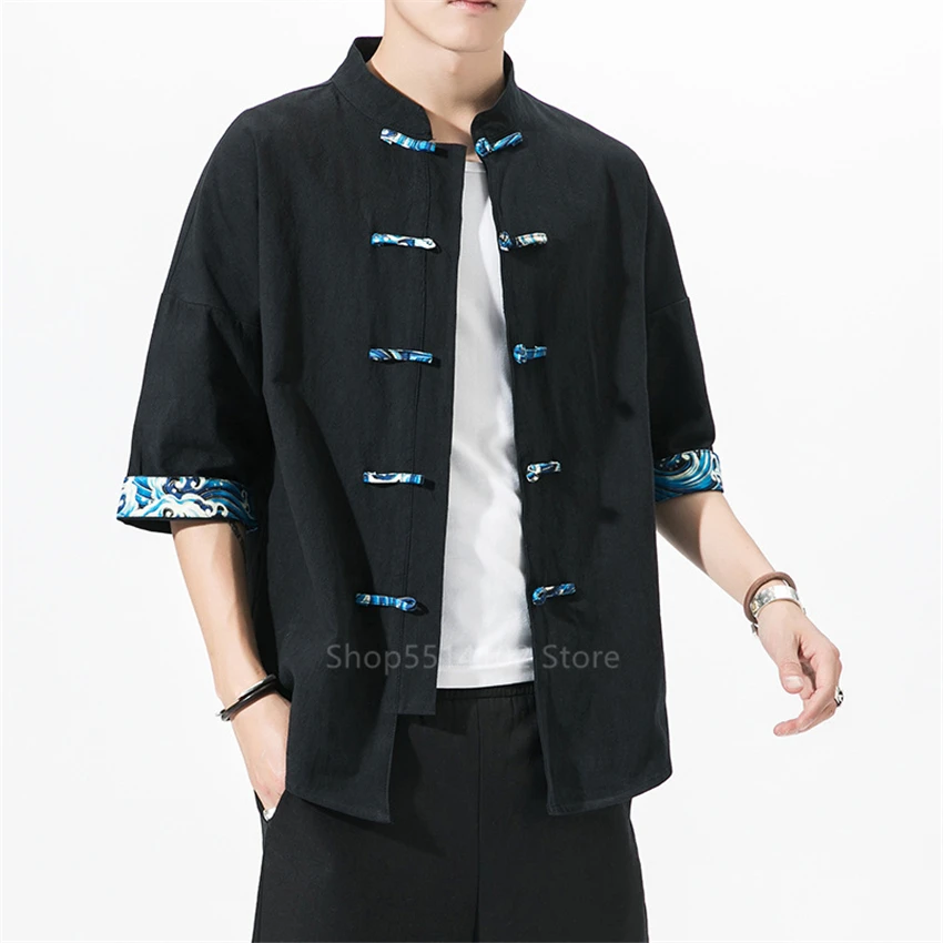 

Men Retro Chinese Jackets Traditional Clothing Tang Suit Casual Stand Collar Shirt Plus Size Linen Waves Print Buckle China Tops