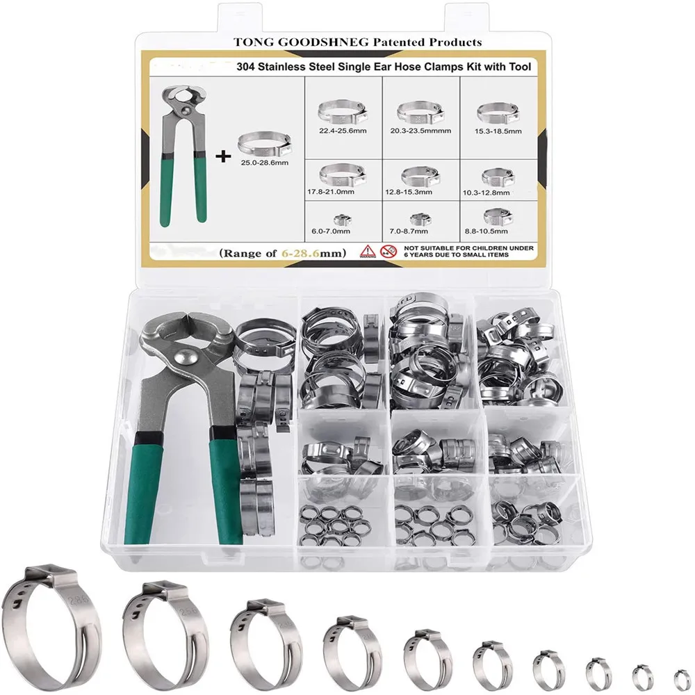 304Stainless Steel Single Ear Hose Clamps with Ear Clamp Pincer 10 Sizes Stepless Crimp Clamps SecuringTubing Pipe Hose Automoti
304Stainless Steel Single Ear Hose Clamps with Ear Clamp Pincer 10 Sizes Stepless Crimp Clamps SecuringTubing Pipe Hose Automoti
