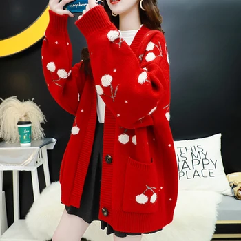 Fruit Cherry Embroidery Knitted Cardigan Autumn 2020 V Neck Oversize Woman Sweater Cardigan Jacket Winter Warm Knitwear
Fruit Cherry Embroidery Knitted Cardigan Autumn 2020 V Neck Oversize Woman Sweater Cardigan Jacket Winter Warm Knitwear