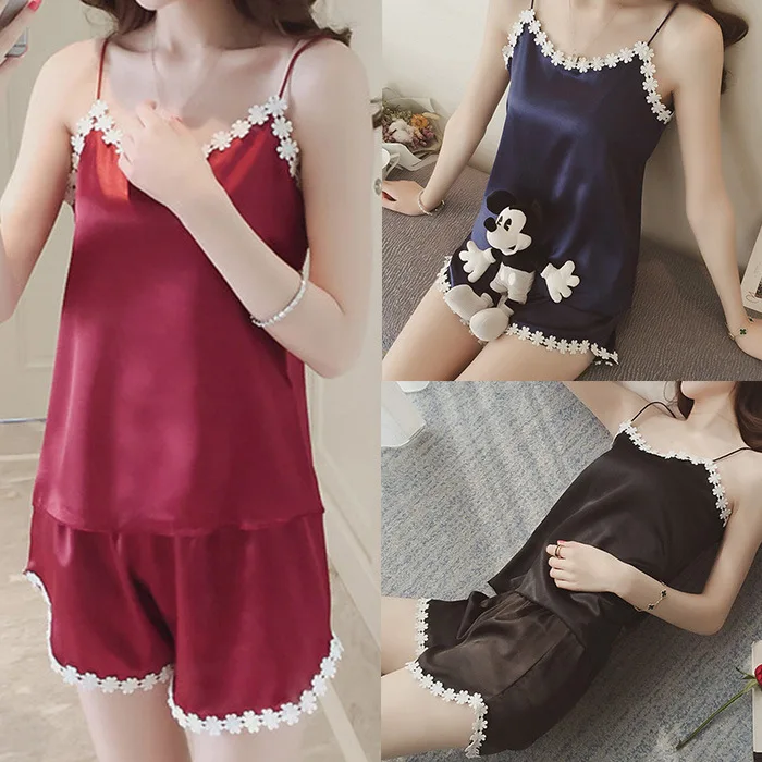 

Summer Thin Section Viscose Silk Fabrics Suspender Shorts Two-Piece Set GIRL'S Sweet And Sexy Plum Spaghetti Strap Pajamas Track