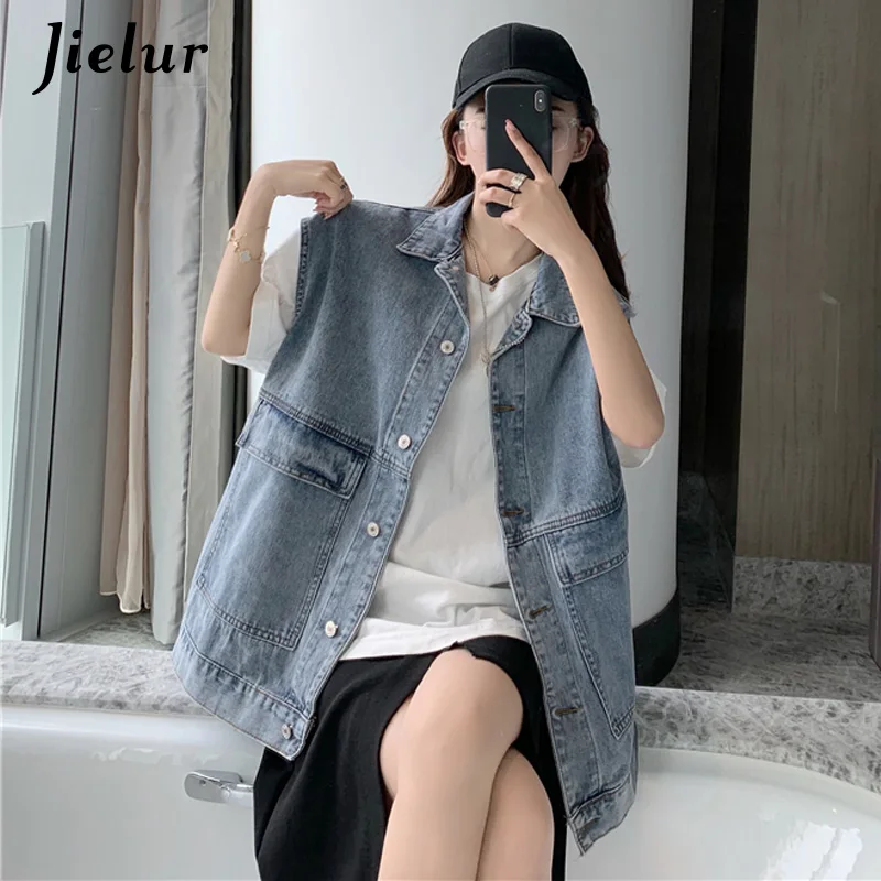 Jielur Autumn Winter New Denim Vest Women Mid-length Large Pockets Loose BF Sleeveless Jacket Turn-down Collar Coat Blue Gray
Jielur Autumn Winter New Denim Vest Women Mid-length Large Pockets Loose BF Sleeveless Jacket Turn-down Collar Coat Blue Gray