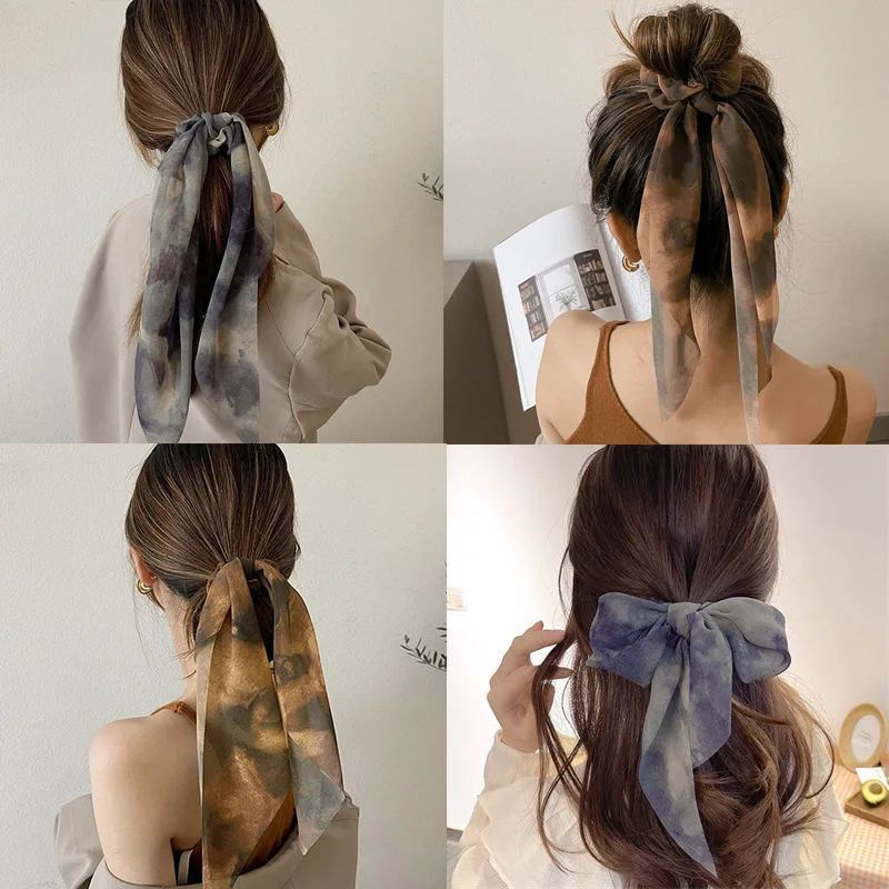 

New Chiffon Tie dye Print Long Hair Ribbon Scrunchies Elastic Hair Bands Women Girls Bow Ponytail Holder Hair Ties Accessories