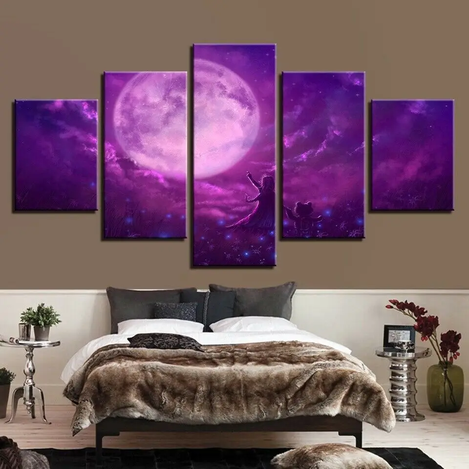 

Purple Sky Abstract Moon Night Scen 5 Panel Canvas Wall Art Print HD Home Decor Pictures Poster Paintings Living Room No Framed