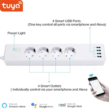 Tuya smart WIFI power strip EU standard with 4 plug and 4 USB port compatible with Amazon Alexa and Google Nest
Tuya smart WIFI power strip EU standard with 4 plug and 4 USB port compatible with Amazon Alexa and Google Nest