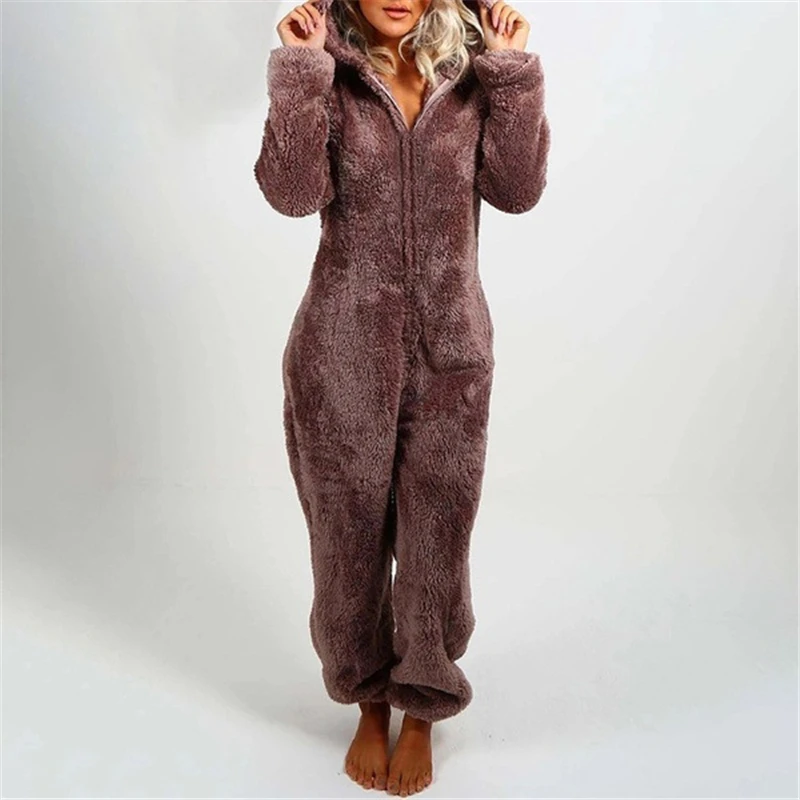 Women Winter Clothing, Cute Plush Solid-Color Hooded Long-Sleeves Zipper One-Piece Pajama with Bear Ears for Girls 
Women Winter Clothing, Cute Plush Solid-Color Hooded Long-Sleeves Zipper One-Piece Pajama with Bear Ears for Girls