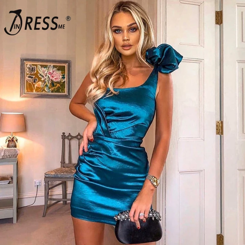 INDRESSME 2020 Новое модное Плиссированное атласное мини-платье на одно плечо без