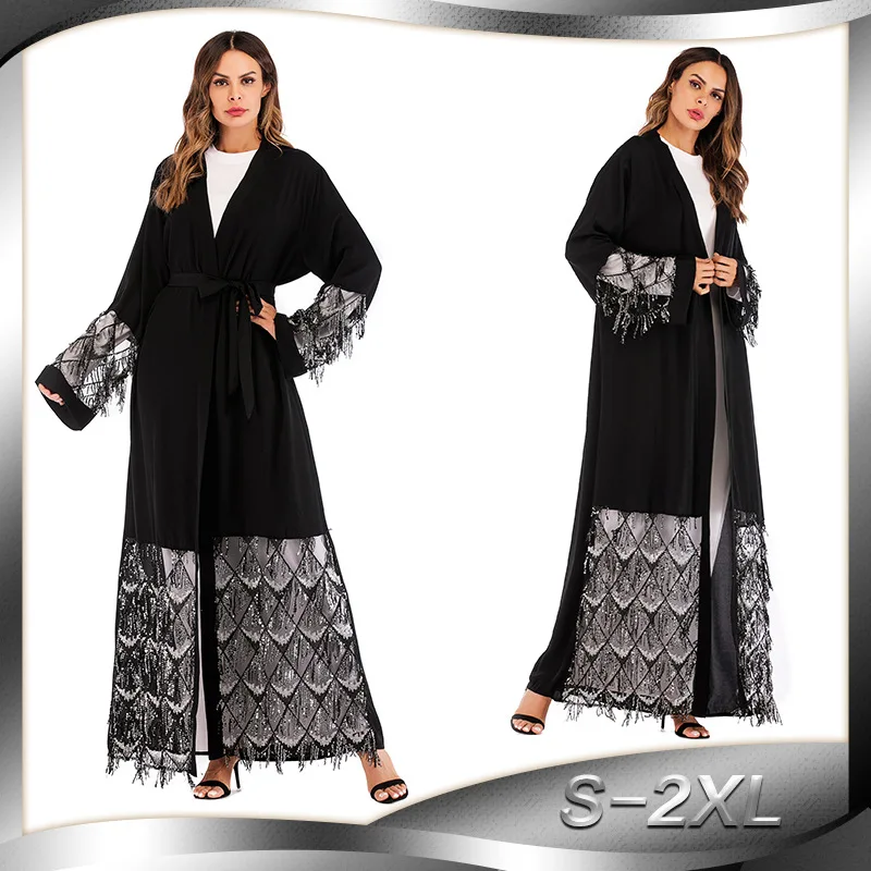 Fashion Muslim Style Robes Mesh Sequins Stitching Loose Tie Long Sleeve Cardigan for Women
Fashion Muslim Style Robes Mesh Sequins Stitching Loose Tie Long Sleeve Cardigan for Women