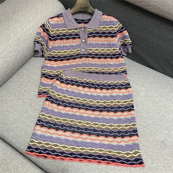 Summer Style Fashion Lady Beautiful Wavy Striped Sparkly Jacquard Polo Sweater Tops And Slimming Skirt Two-piece Sweater Suit
Summer Style Fashion Lady Beautiful Wavy Striped Sparkly Jacquard Polo Sweater Tops And Slimming Skirt Two-piece Sweater Suit