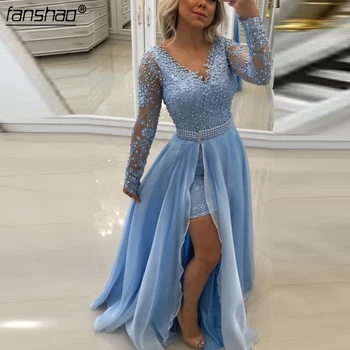 Blue Muslim Evening Dresses V-Neck Long Sleeves Slit Pearls Dubai Saudi Arabic Evening Gown Prom Dress
Blue Muslim Evening Dresses V-Neck Long Sleeves Slit Pearls Dubai Saudi Arabic Evening Gown Prom Dress