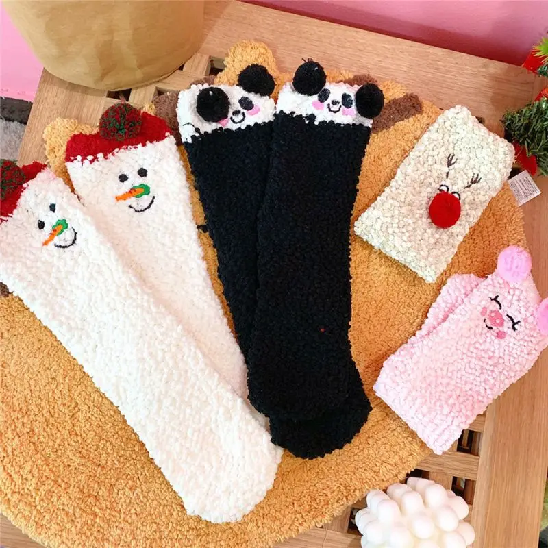

Women Girls Christmas Winter Coral Velvet Slipper Socks Cartoon Embroidery Animal Snowman Cute Pompom Fuzzy Hosiery Holiday Gift