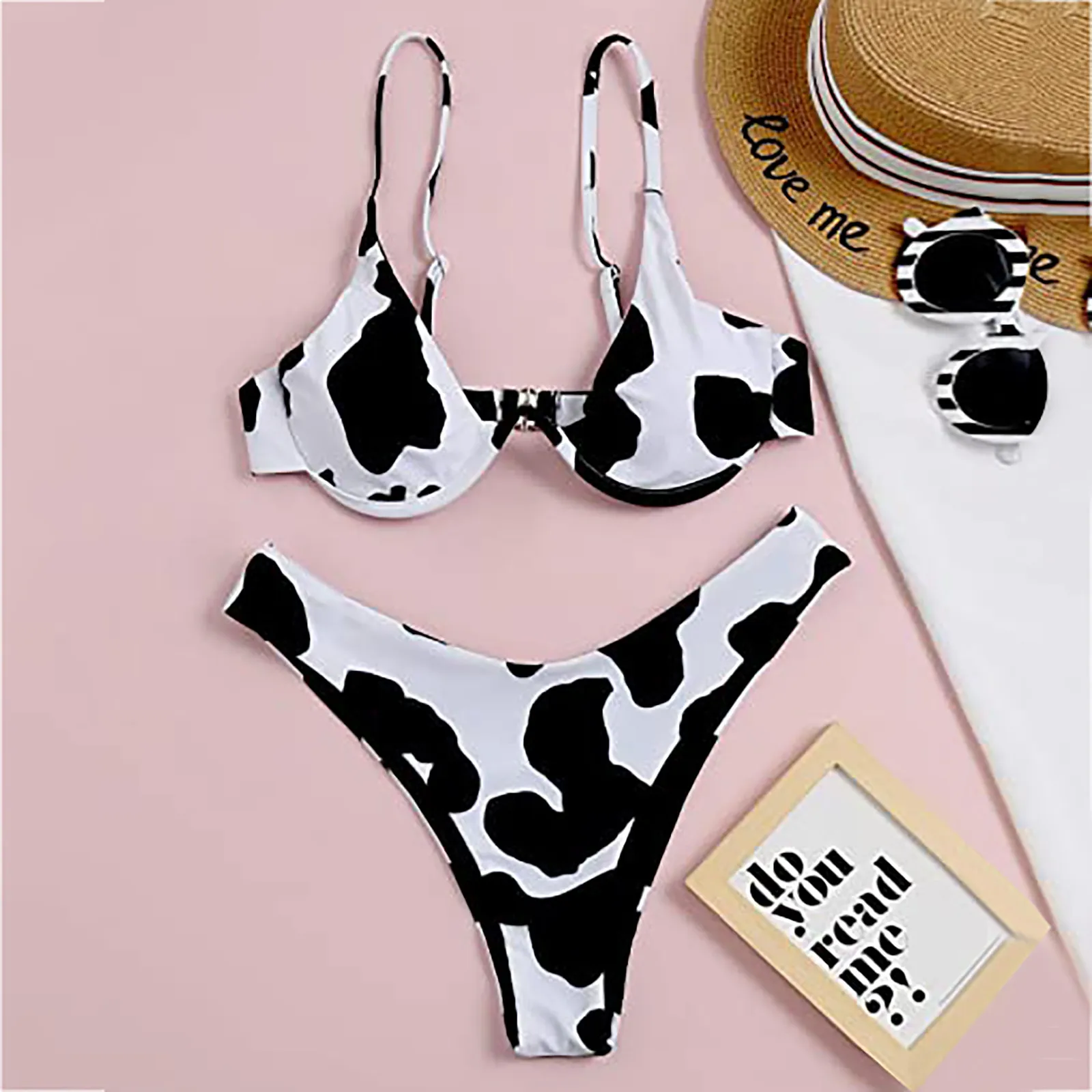 

New Swimwear Women's Sexy High Breast Contrast Cow Print Tube Top Split Bikini Set Ladies Two Pieces Swimsuit Summer Swimming