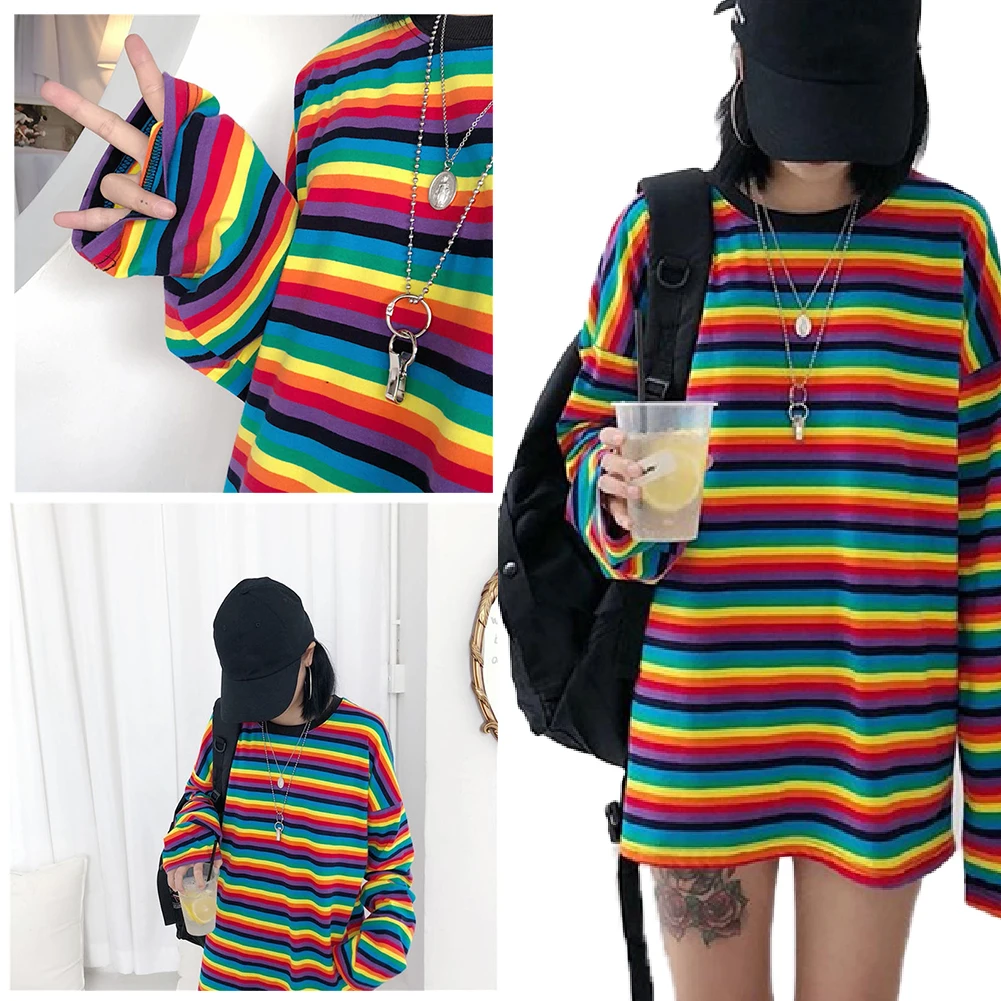 2019 New Women Rainbow Stripe T Shirt Autumn Female Round neck Shirt Long Sleeve Plus Size Tshirts For women Wild T Shirt
2019 New Women Rainbow Stripe T Shirt Autumn Female Round neck Shirt Long Sleeve Plus Size Tshirts For women Wild T Shirt