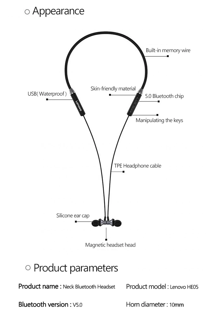 Lenovo HE05 Bluetooth 5.0 Neckband Earphone Wireless Stereo Sports Magnetic Headphones Sports Running IPX5 Waterproof Headset Lenovo HE05 Bluetooth 5.0 Neckband Earphone Wireless Stereo Sports Magnetic Headphones Sports Running IPX5 Waterproof Headset