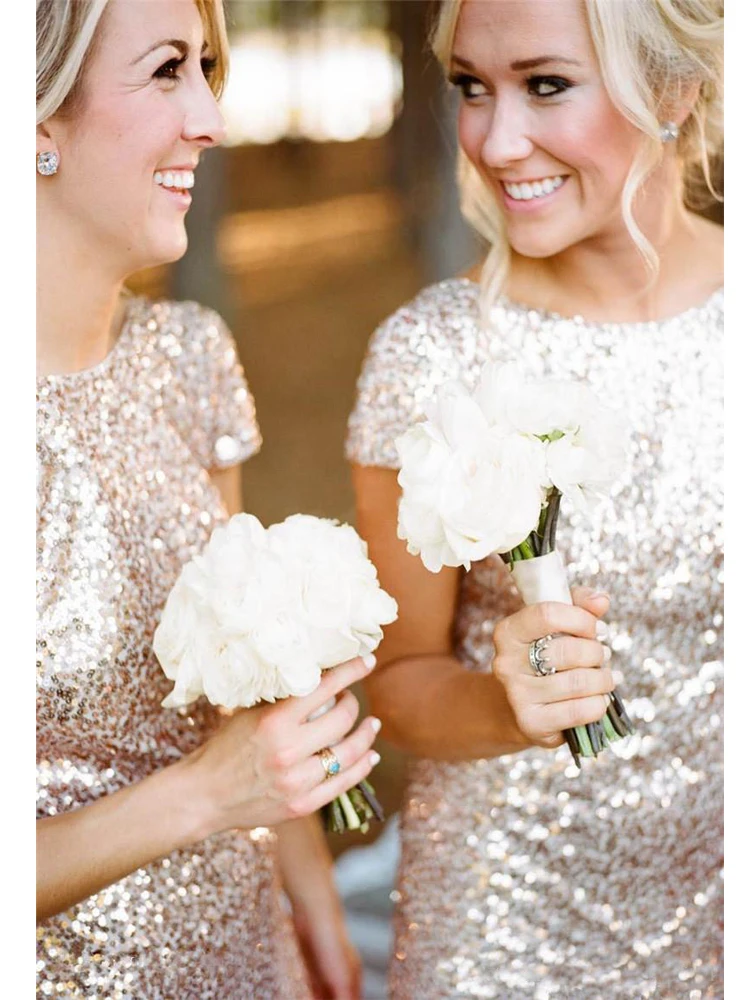 Rose Gold 2020 Cheap Mermaid Bridesmaid Dresses Short Sleeves Backless Long Beach Sequins Wedding Party Maid of Honor Dress (1)