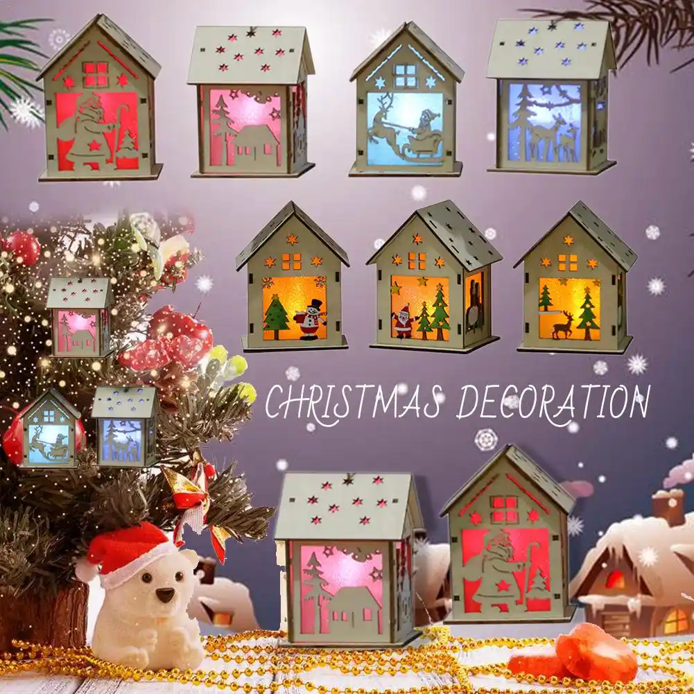 wood house christmas tree decorations for home hanging ornaments