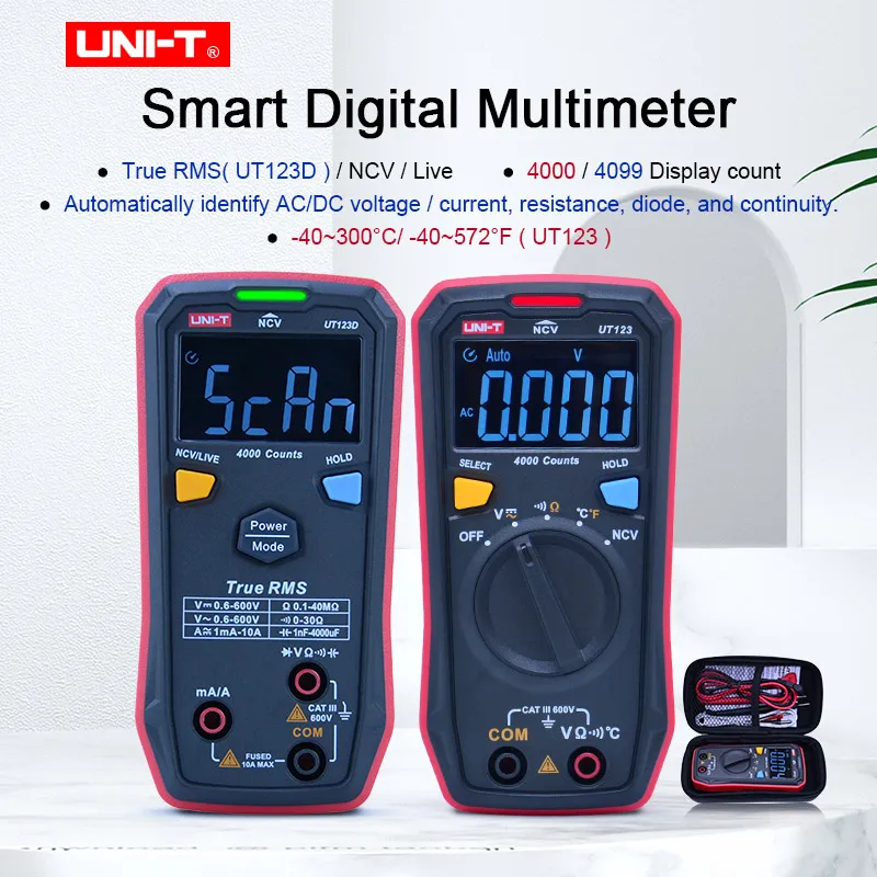 

UNI-T UT123 /UT123D бытовой карманный цифровой мультиметр NCV измерение напряжения переменного/постоянного тока EBTN дисплей измерение переключения ℃/℉