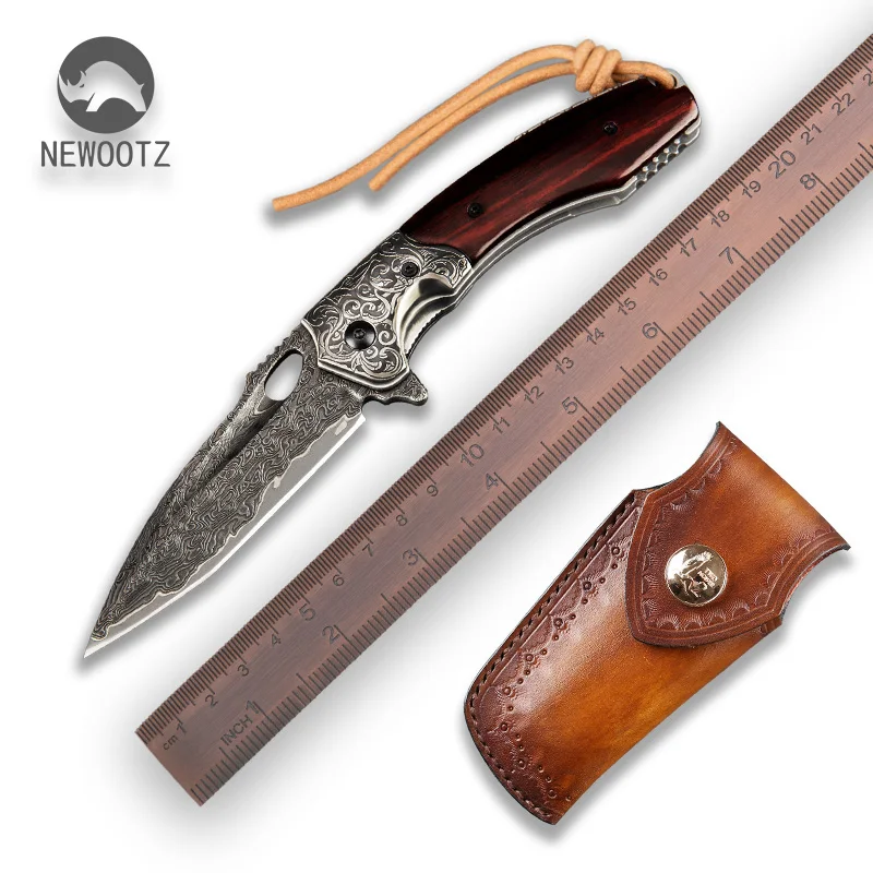 NEWOOTZ Damascus Pocket Folding Knife Handmade VG10 Steel Core Wood Handle Self Defense Leather Sheath Knives Hunting Camping
NEWOOTZ Damascus Pocket Folding Knife Handmade VG10 Steel Core Wood Handle Self Defense Leather Sheath Knives Hunting Camping