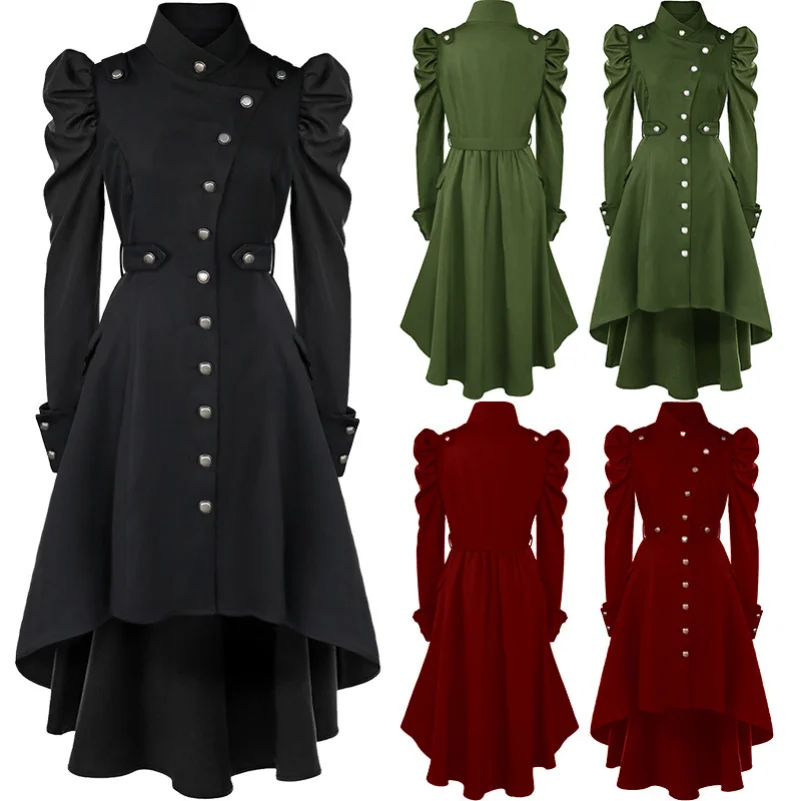 

2024 Gothic British Style Coat For Women Medieval Steampunk Solid Color Irregular Stand Collar Dress Halloween Female Outwear