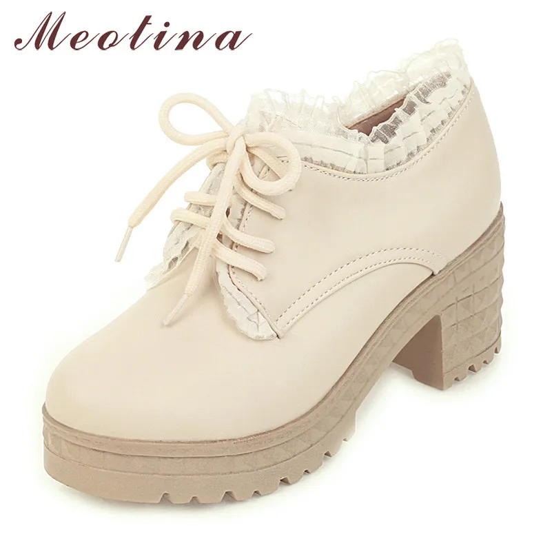 

Meotina High Heels Women Shoes Sweet Platform Chunky High Heels Derby Shoes Lace Up Round Toe Pumps Female Spring Big Size 34-43
