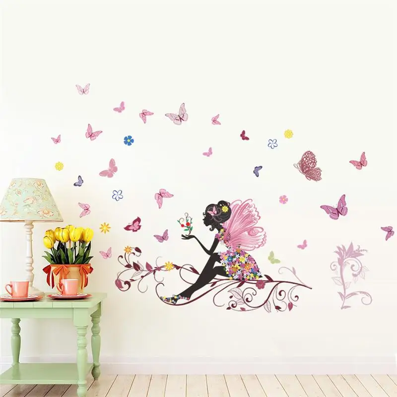 Beautiful Girl Butterfly Flower Art Wall Sticker For Home Decor DIY Personality Mural Child Room Nursery Decoration Print Poster | Дом и сад
