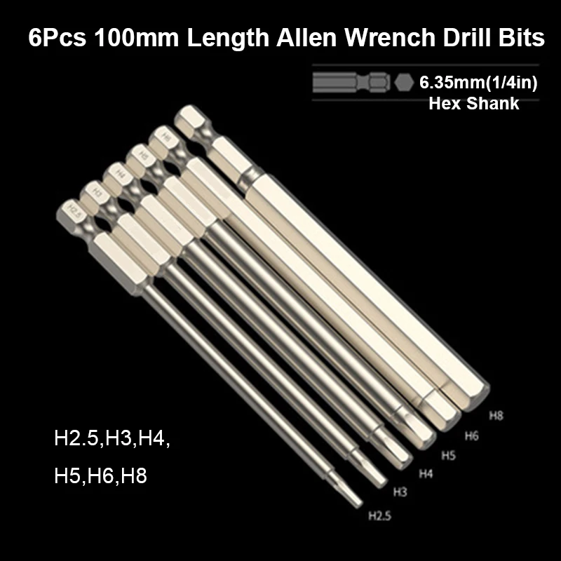 

6Pcs Metric Hex Bit Set 100mm Hex Head Allen Screwdriver Bits S2 Steel Allen Wrench Drill Bit Hex Key Wrench Bit with Magnetic
