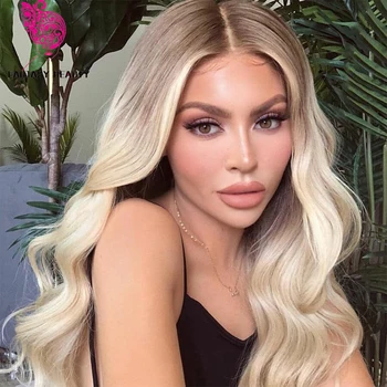 

Blonde Wig Ombre Synthetic Lace Front Wigs for Women Brown Roots Natural Wavy Long Light Blonde Platinum Wig Heat OK 24"