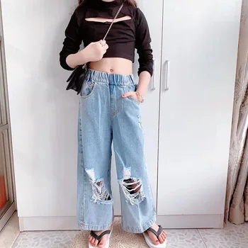 

summer children ripped jeans pants baby girls kids hollow out holes distressed trousers teen teenage bottoms denim streetwear