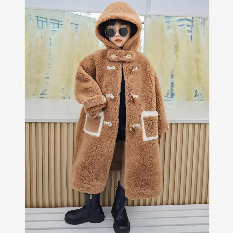 

Real Wool Fur Coat Winter Casual Sheep Shearing Plush Warm Outerwear Granules Cashmere Lamb Fur Jackets Hooded Overcoat A900